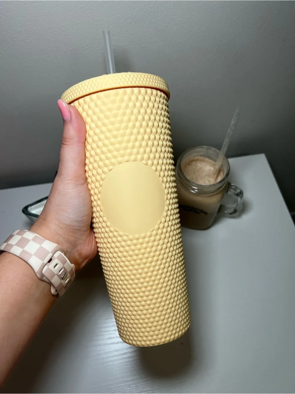 Textured Studded Tumbler with Straw - Pale Yellow